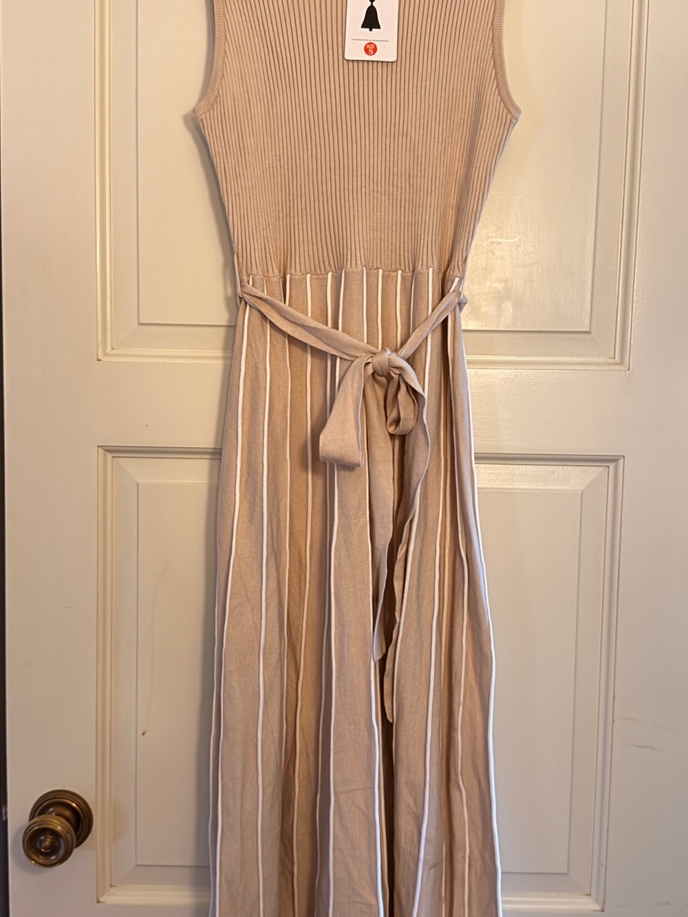 Beige and White Striped Sleeveless Maxi Dress